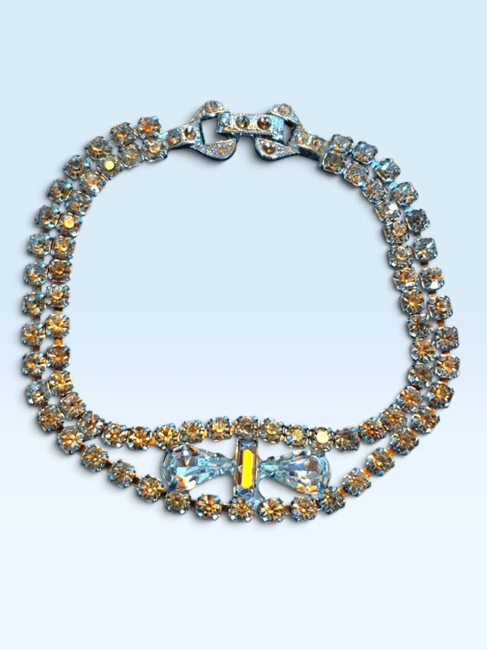 Vintage 1950s Hollywood Glamour Rhinestone Bow 2-Strand Bracelet